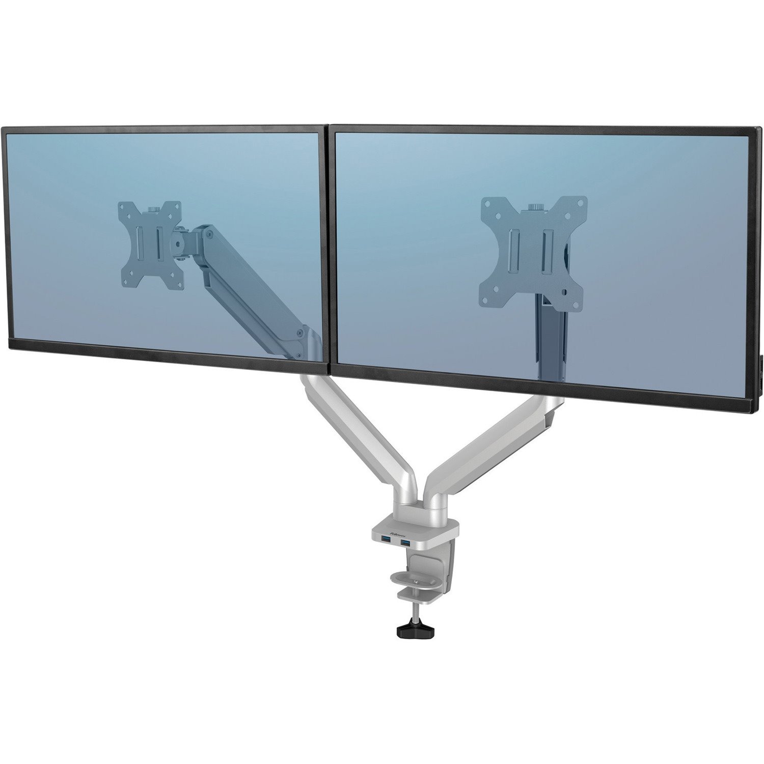 Fellowes Platinum Series High Quality Dual Monitor Arm for 40-Inch Monitors, Full Motion, 360&deg; Rotation, VESA Mount with Grommet or Clamp, USB Ports, Ergonomic, Silver
