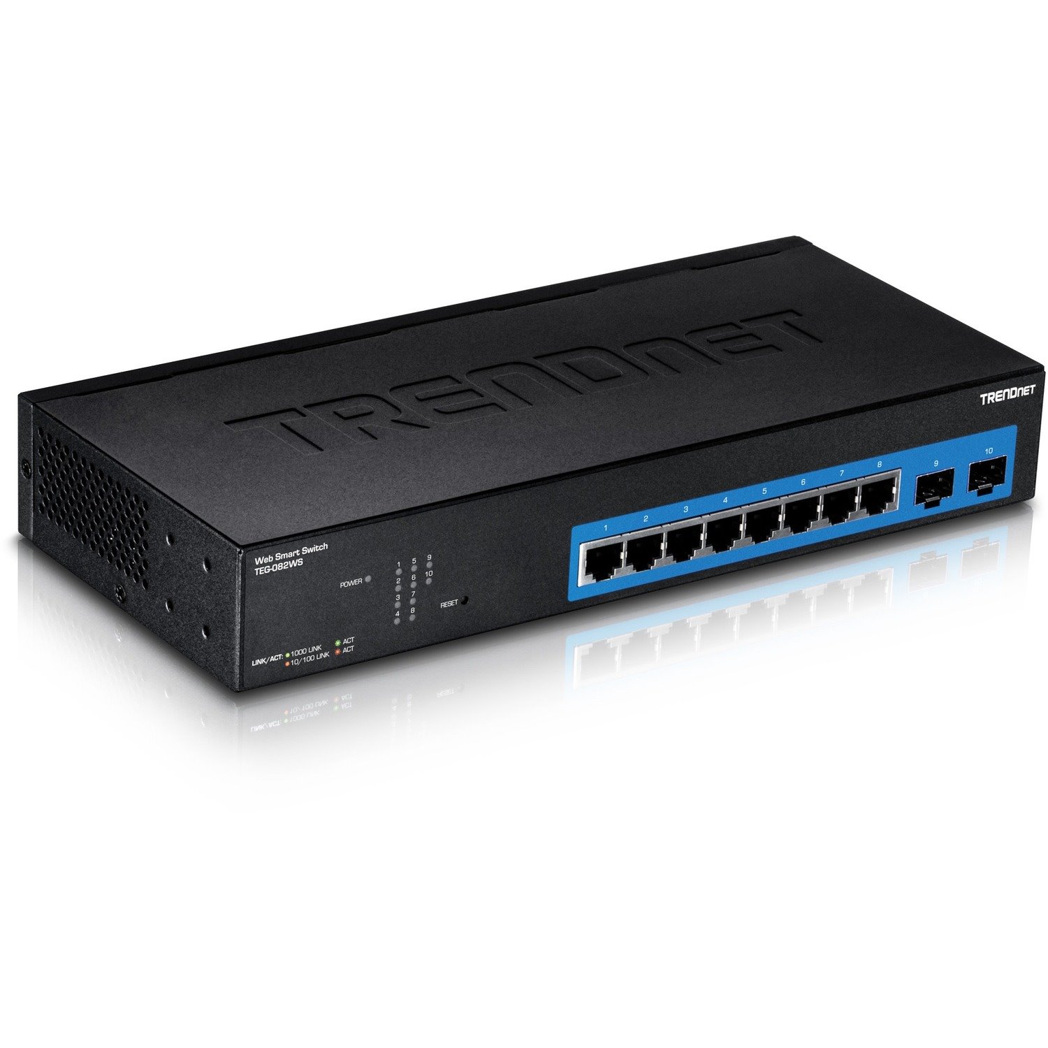 TRENDnet 10-Port Gigabit Web Smart Switch; 20 Gbps Switching Capacity; 8 x RJ-45 Ports; 2 x SFP; Slots; VLAN; QoS; LACP; IPv6 Support; Fanless; Rack Mountable; Lifetime Protection; TEG-082WS