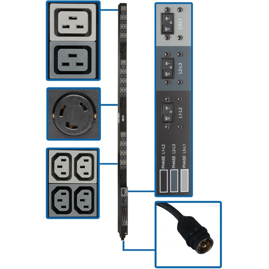 Tripp Lite by Eaton 14.4kW 208V 3-Phase Basic PDU - 45 Outlets (36 C13, 3 C19, 3 L6-30R), Hubbell 50A CS8365C Input, 6 ft. Cord, 70 in. 0U