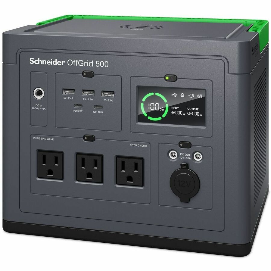 Schneider OffGrid Portable Power Station 500, 120V, 517Wh Lithium-ion, LCD, 3 NEMA, Sinewave, 3 USB-A, 2 USB-C, Wireless Charger