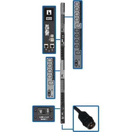 Eaton Tripp Lite Series 14.5kW 200-240V 3PH Switched PDU - LX Interface, Gigabit, 30 Outlets, Hubbell CS8365C Input, LCD, 1.8 m Cord, 0U 1.8 m Height, TAA