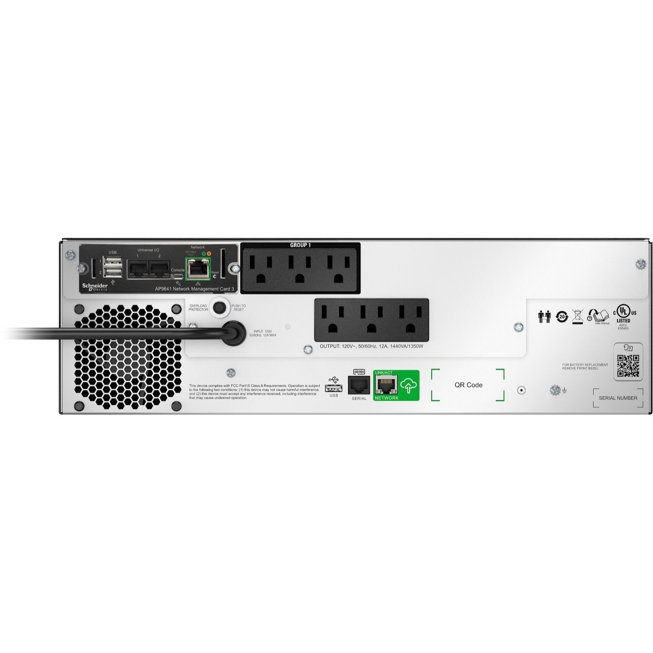 APC Smart-UPS, Line Interactive, 1500VA, Lithium-ion, Rackmount 3U, 120V, 6x NEMA 5-15R outlets, SmartConnect Port+Network Card, Short Depth, AVR, LCD