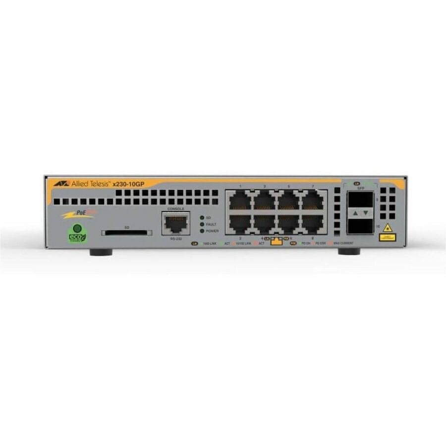 Allied Telesis L2+ switch with 8 x 10/100/1000T PoE ports and 2 x 100/1000X SFP ports, AU Power Cord