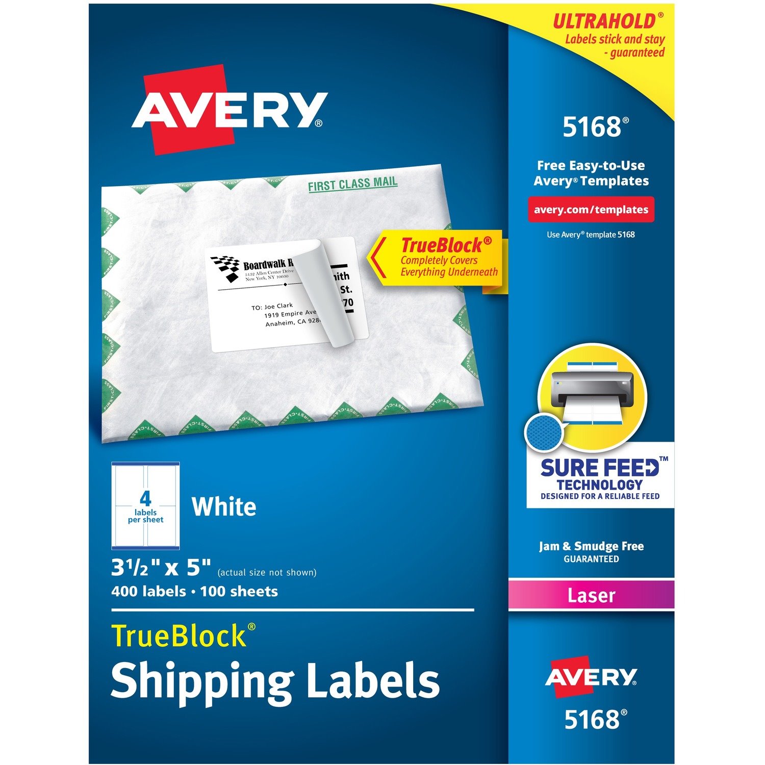 Avery Shipping Labels, Sure Feed, 3-1/2" x 5" , 400 Labels (5168)