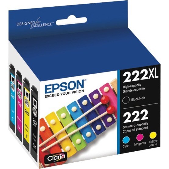 Epson Claria T222XL High-Yield Black/Cyan/Magenta/Yellow Ink Cartridges, Set Of 4 Cartridges, T222XL-BCS