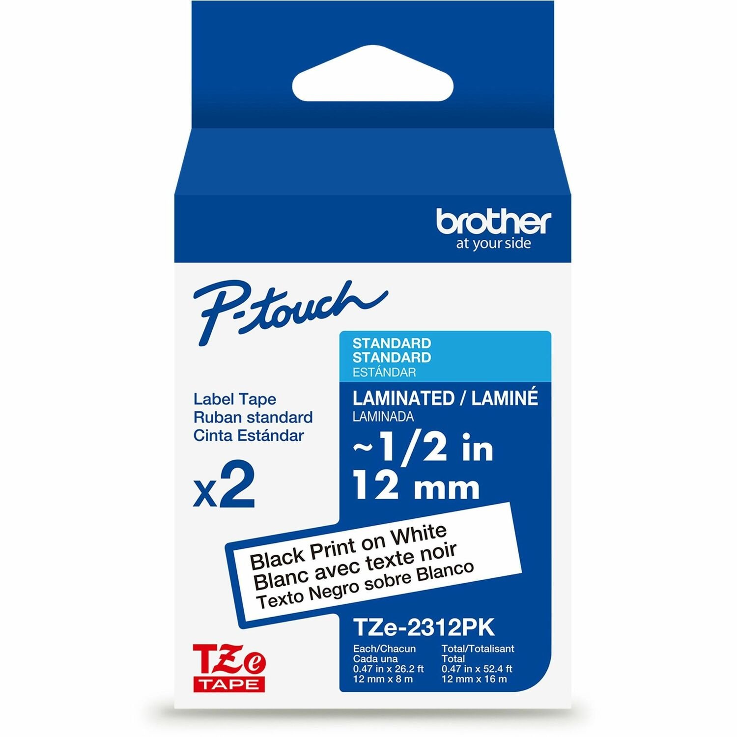 Brother Genuine P-touch TZe2312PK BK on WHT Label Tapes, Laminated, 12mmX8m each