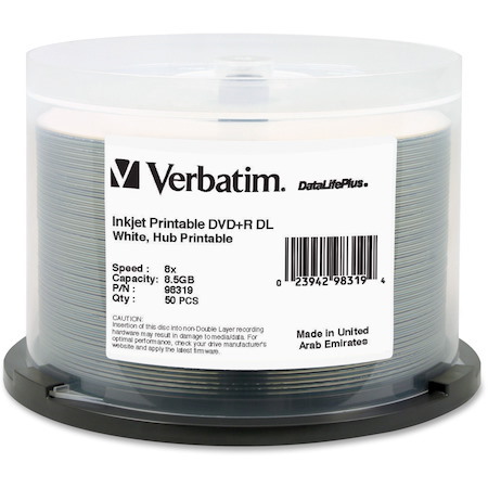 Verbatim DataLifePlus DVD Recordable Media - DVD+R DL - 8x - 8.50 GB - 50 / Pack - White
