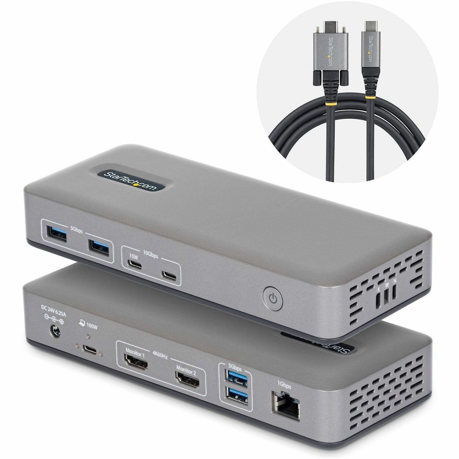 StarTech Dual-Monitor USB-C Docking Station, HDMI, 4K 60Hz, 100W Laptop Charging, 1GbE, Driverless, Multi-Monitor Dock