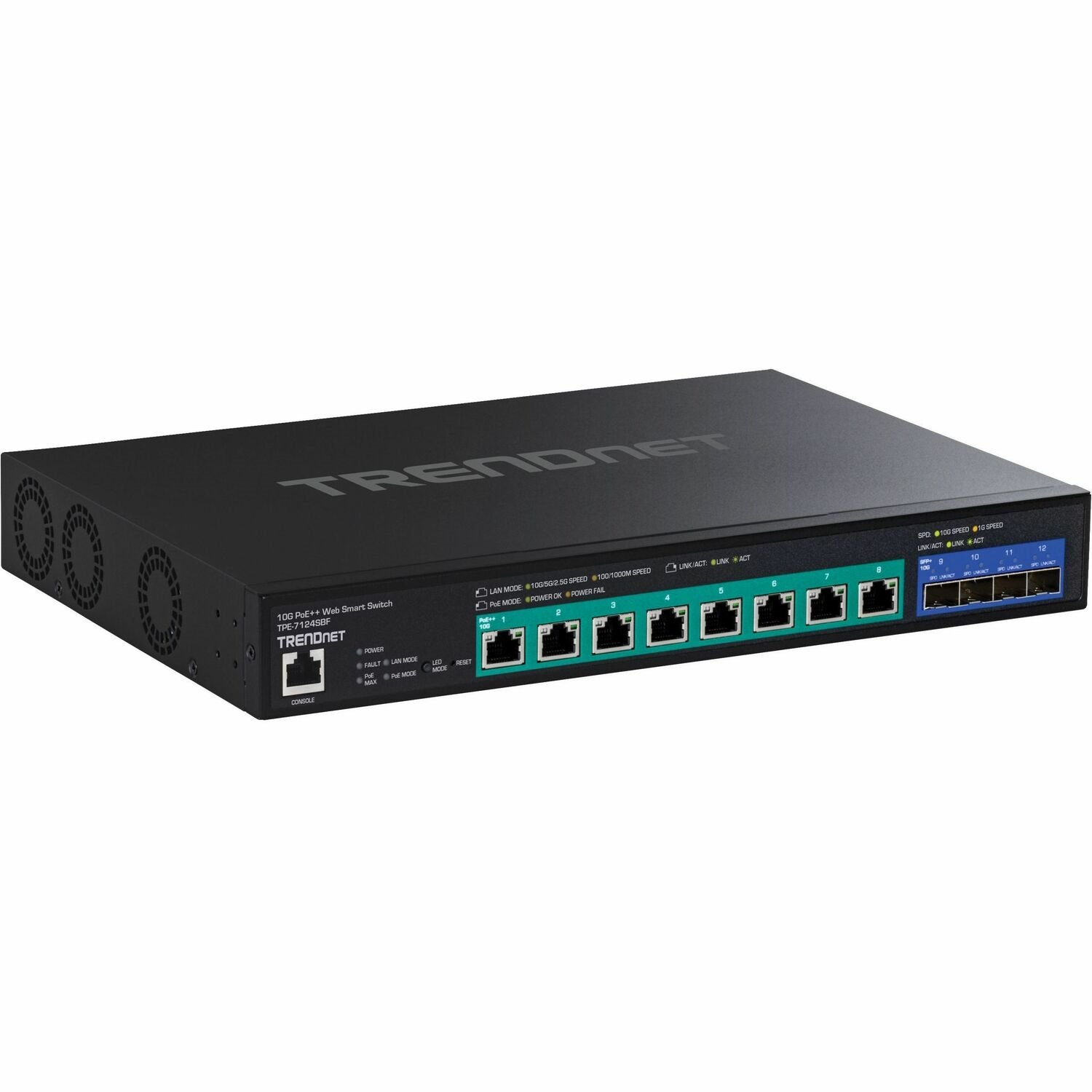 TRENDnet 12-Port 10G PoE++ Web Smart Switch, TPE-7124SBF, 720W PoE Power Budget, 8 x 10G PoE++ Ports, 4 x 10G SFP+ Ports, NDAA TAA Compliant, 1U 19" Rack Mountable, Lifetime Protection