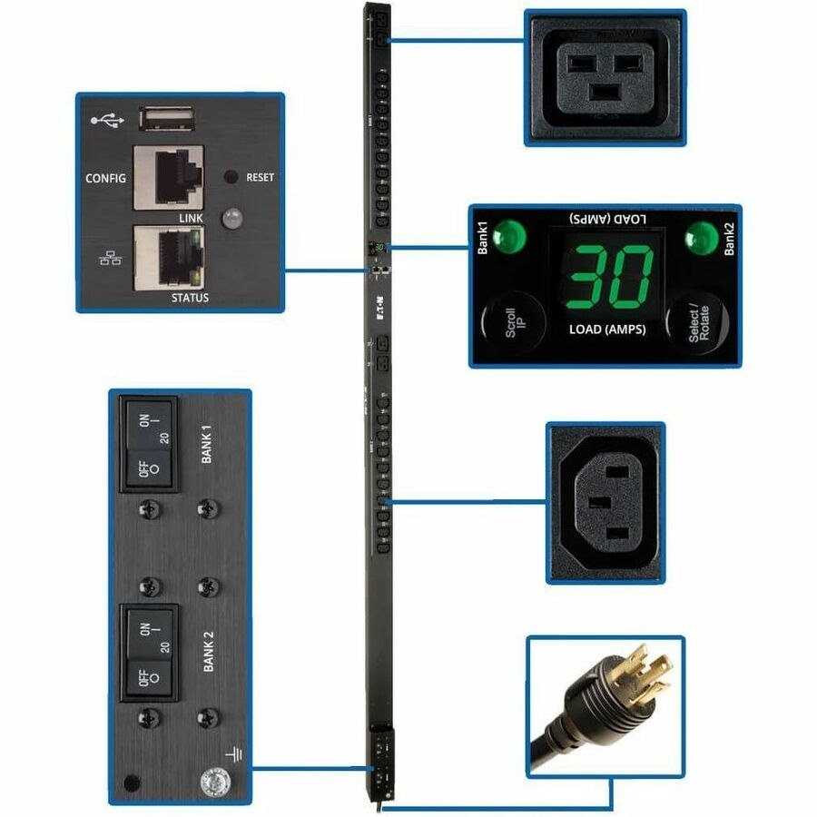 Eaton 5.5kW Single-Phase Switched PDU - LX Interface, 208/230V Outlets (20 C13 & 4 C19), L6-30P, 0U, TAA