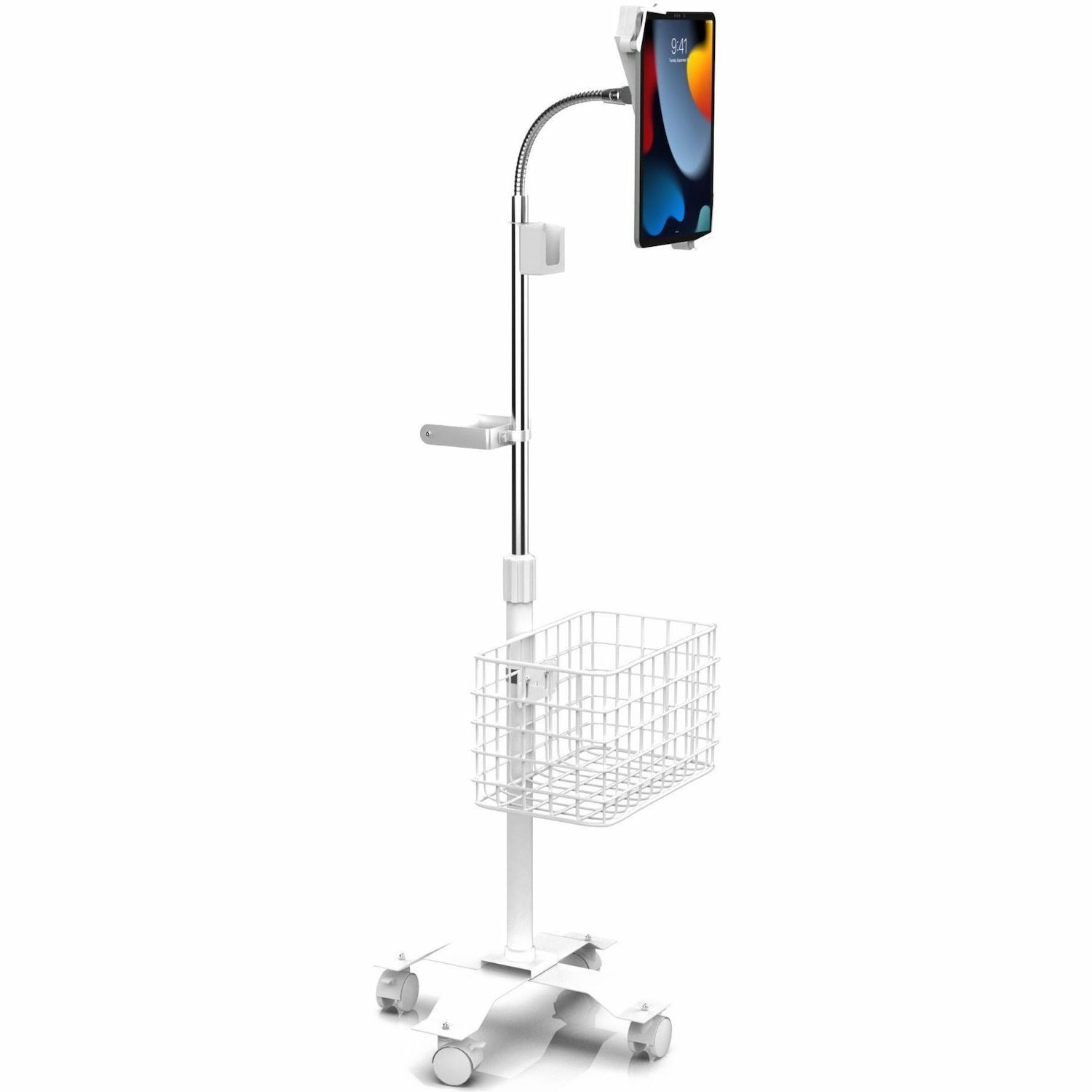 CTA Digital Compact Gooseneck Floor Stand with Accessories for 7-13-Inch Tablets (White)