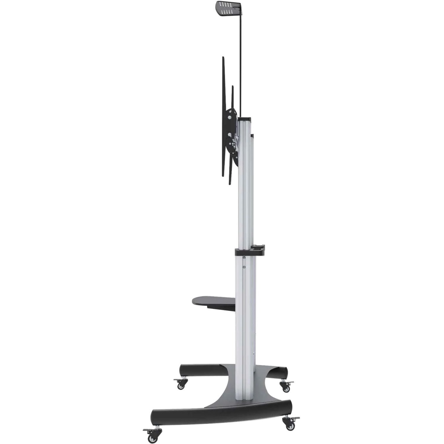 Manhattan TV & Monitor Mount, Trolley Stand, 1 screen, Screen Sizes: 60-100" , Silver/Black, VESA 200x200 to 800x600mm, Max 100kg, Height adjustable 1200 to 1685mm, Camera and AV shelves, Aluminium, LFD, Lifetime Warranty