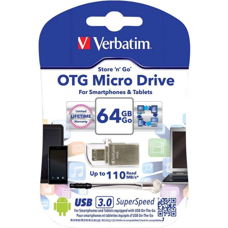 Verbatim Store 'n' Go OTG 64 GB USB 3.0, Micro USB Flash Drive - Silver