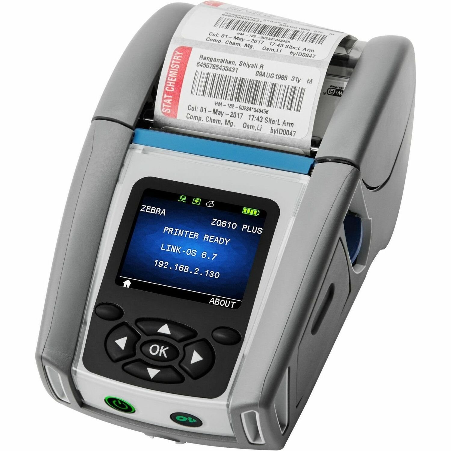 Zebra ZQ610 Plus Healthcare, Retail, Manufacturing, Warehouse, Transportation & Logistic, Mobile Direct Thermal Printer - Monochrome - Label/Receipt Print - Fast Ethernet - USB - USB Host - Bluetooth 4.2 - IEEE 802.11ac Wireless LAN - Battery Included - With Cutter