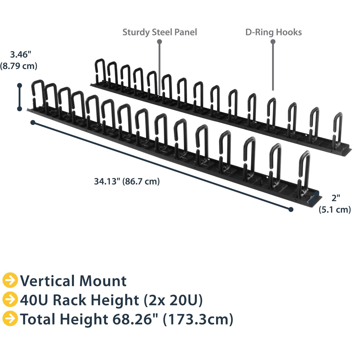 StarTech.com Vertical Cable Organizer with D-Ring Hooks - Vertical Cable Management Panel - 40U - 6 ft.