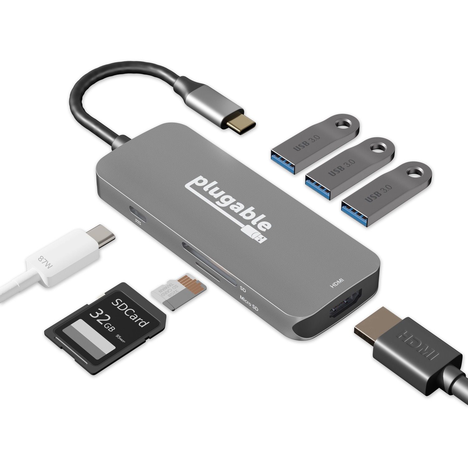 Plugable USB C Hub Multiport Adapter, 7-in-1 Hub Compatible with MacBook Pro, Windows, Chromebook, Dell XPS, Thunderbolt 3 and More