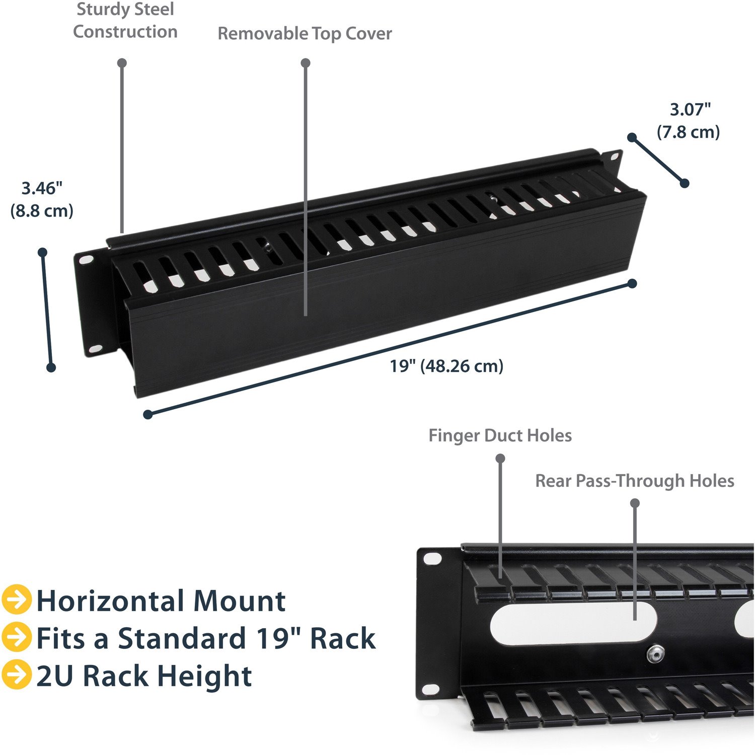 StarTech.com 2U Horizontal Finger Duct Rack Cable Management Panel with Cover