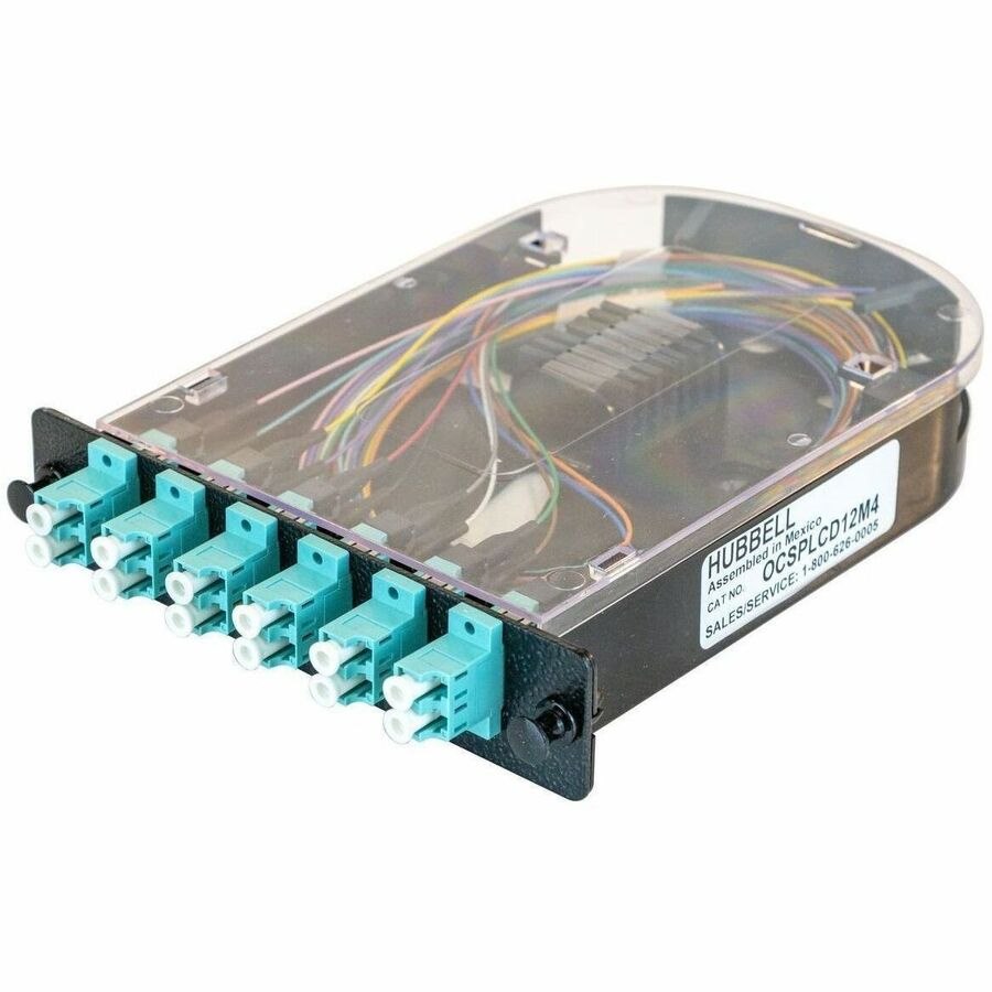 Hubbell Fiber Splice Cassette, 12 Fibers, Aqua LC Duplex Adapters, Zirconia Ceramic, OM3