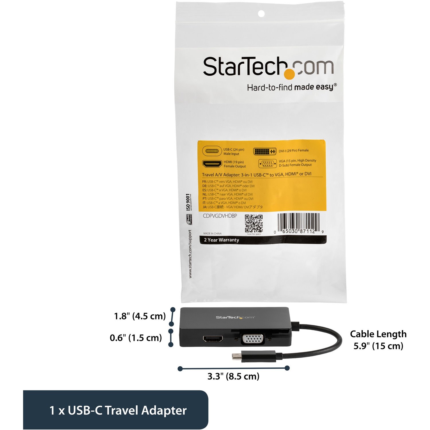 StarTech.com USB-C Multiport Video Adapter - 3-in-1 USB Type-C Video Adapter - USB-C to VGA, DVI, HDMI - 4K 30 Hz - CDPVGDVHDBP