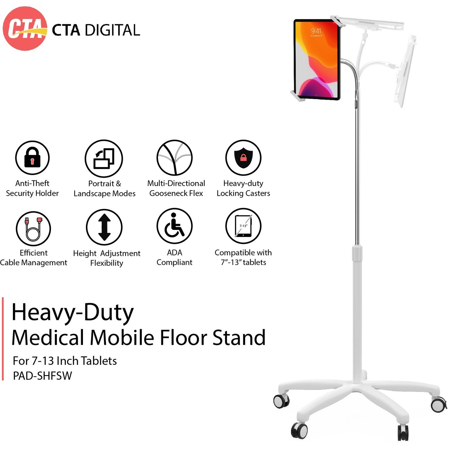 CTA Digital Heavy-Duty Medical Mobile Floor Stand for 7-13 Inch Tablets (White)