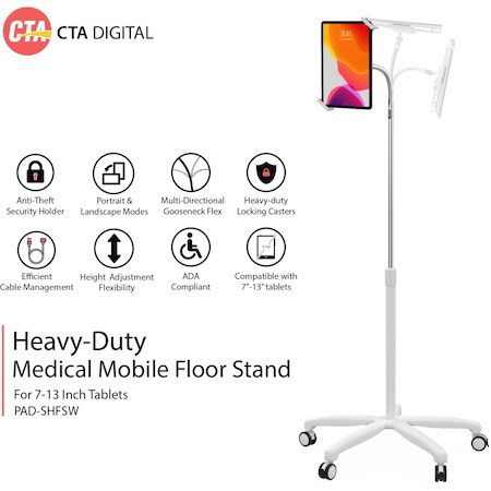 CTA Digital Heavy-Duty Medical Mobile Floor Stand for 7-13 Inch Tablets (White)