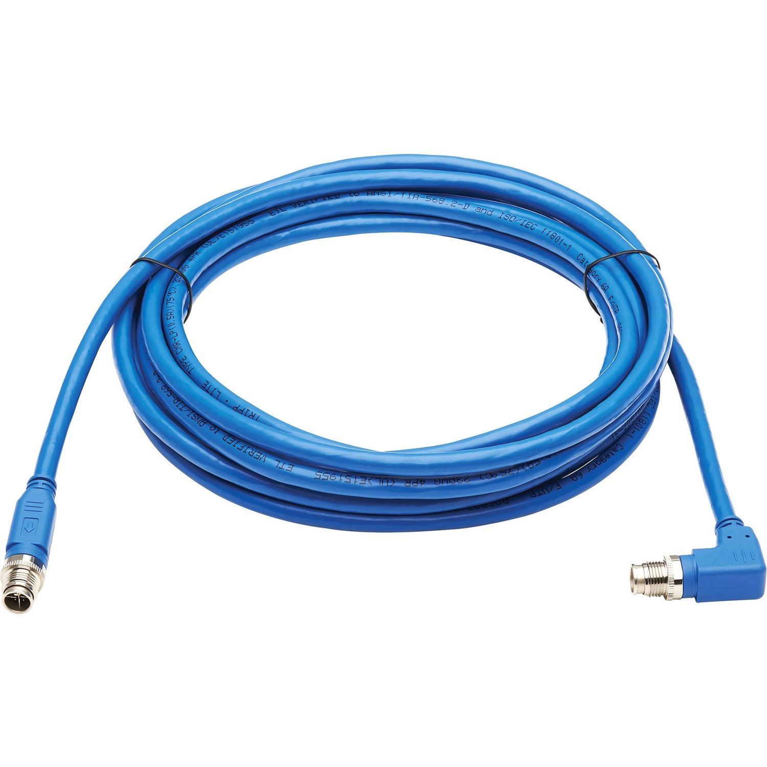 Eaton Tripp Lite Series M12 X-Code Cat6a 10G F/UTP CMR-LP Shielded Ethernet Cable (Right-Angle M/M), IP68, PoE, Blue, 3 m (9.8 ft.), TAA