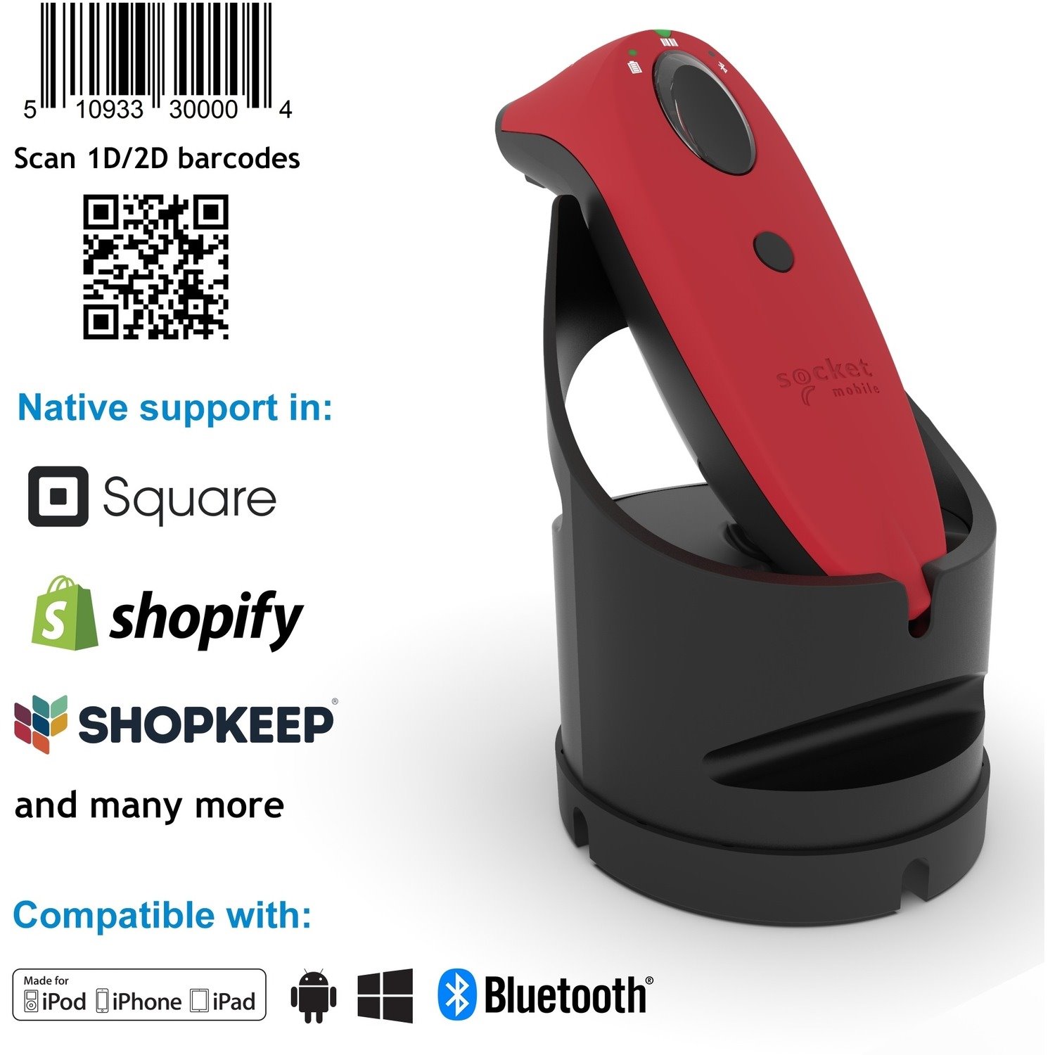 Socket Mobile SocketScan S740 Handheld Barcode Scanner - Wireless Connectivity - Red, Black