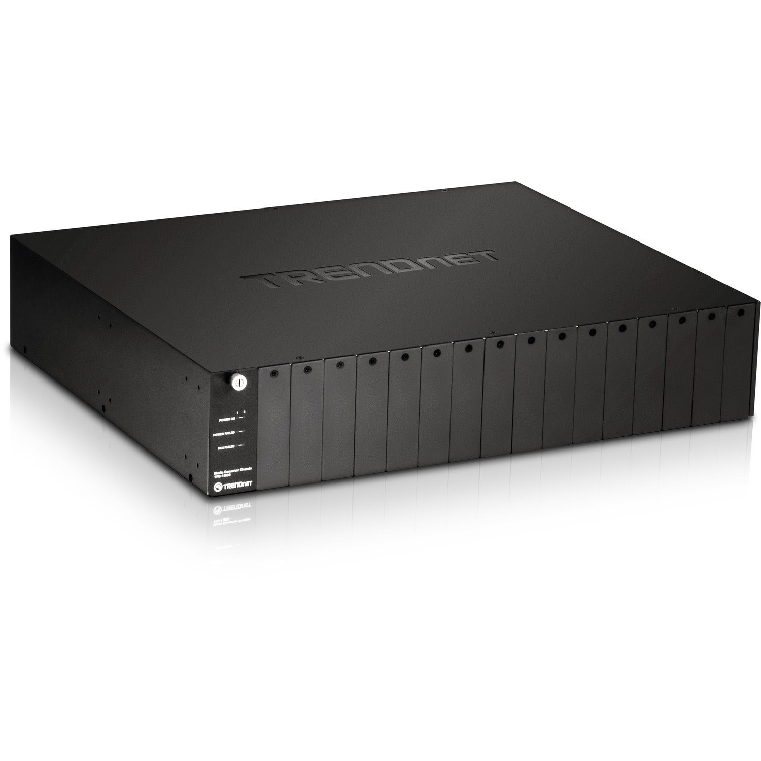 TRENDnet 16-Bay Fiber Converter Chassis System; Hot Swappable; Housing for up to 16 TFC Series Media Converters; Fast Ethernet RJ45; RS-232; SNMP Management Module; Lifetime Protection; TFC-1600