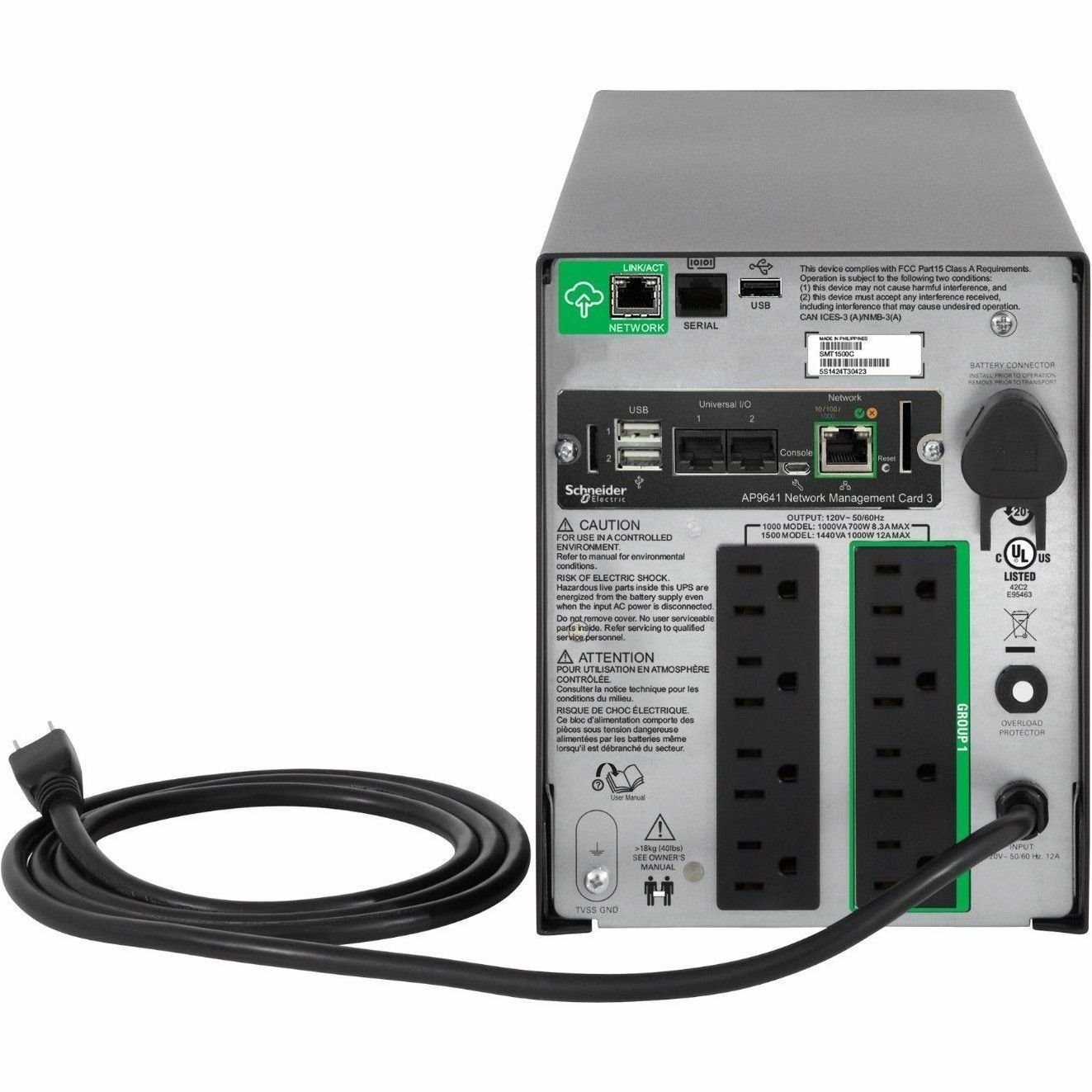 APC Smart-UPS, Line Interactive, 1500VA, Tower, 120V, 8x NEMA 5-15R outlets, SmartConnect Port+Network Card, AVR, LCD