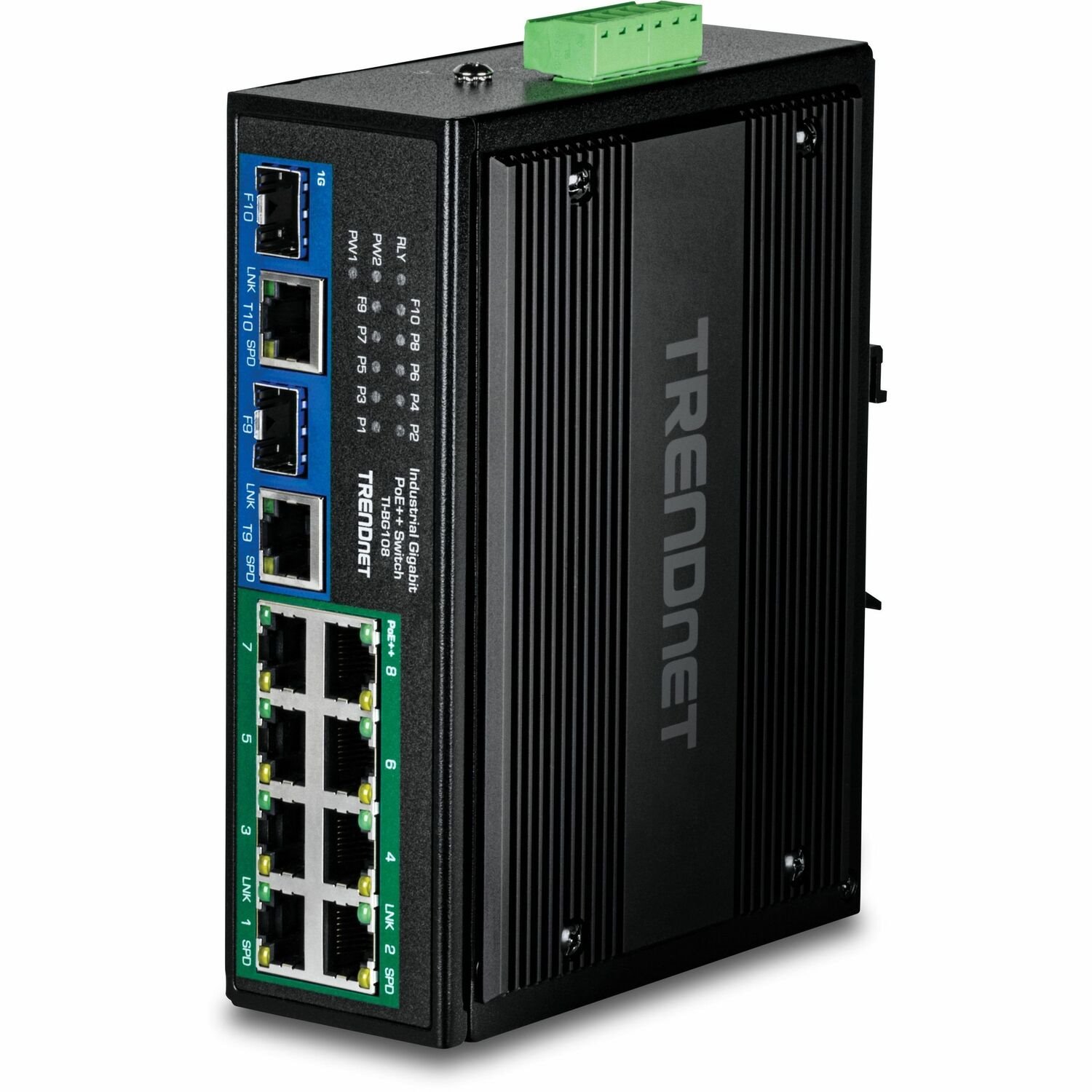 TRENDnet 10-Port Industrial Gigabit 400W PoE++ DIN-Rail Switch, TI-BG108, 8 x Gigabit PoE++ Ports, 2 x Gigabit Shared Ports (RJ-45 / SFP), 20Gbps, 400W, Lifetime Protection