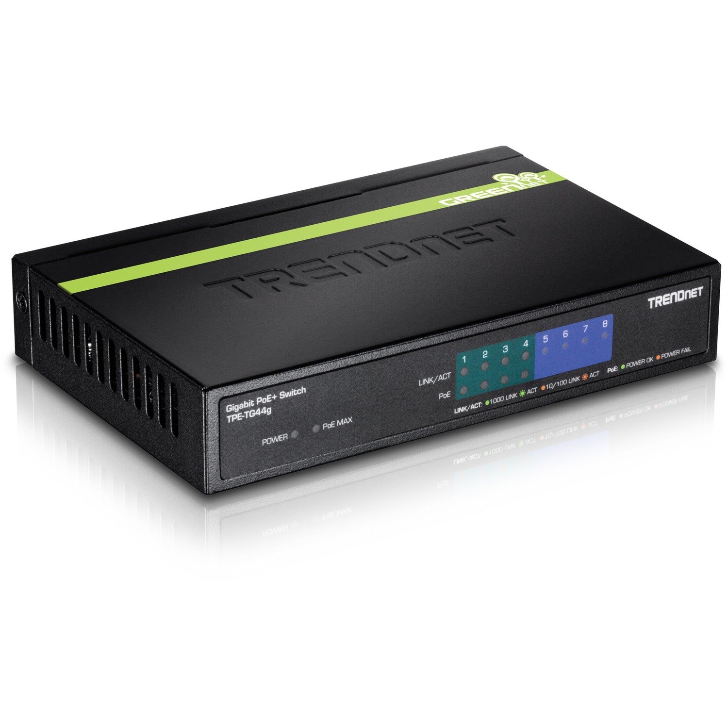 TRENDnet 8-Port Gigabit GREENnet PoE+ Switch, 4 x Gigabit PoE-PoE+ Ports, 4 x Gigabit Ports, 61W Power Budget, 16 Gbps Switch Capacity, Ethernet Unmanaged Switch, Lifetime Protection, Black, TPE-TG44G