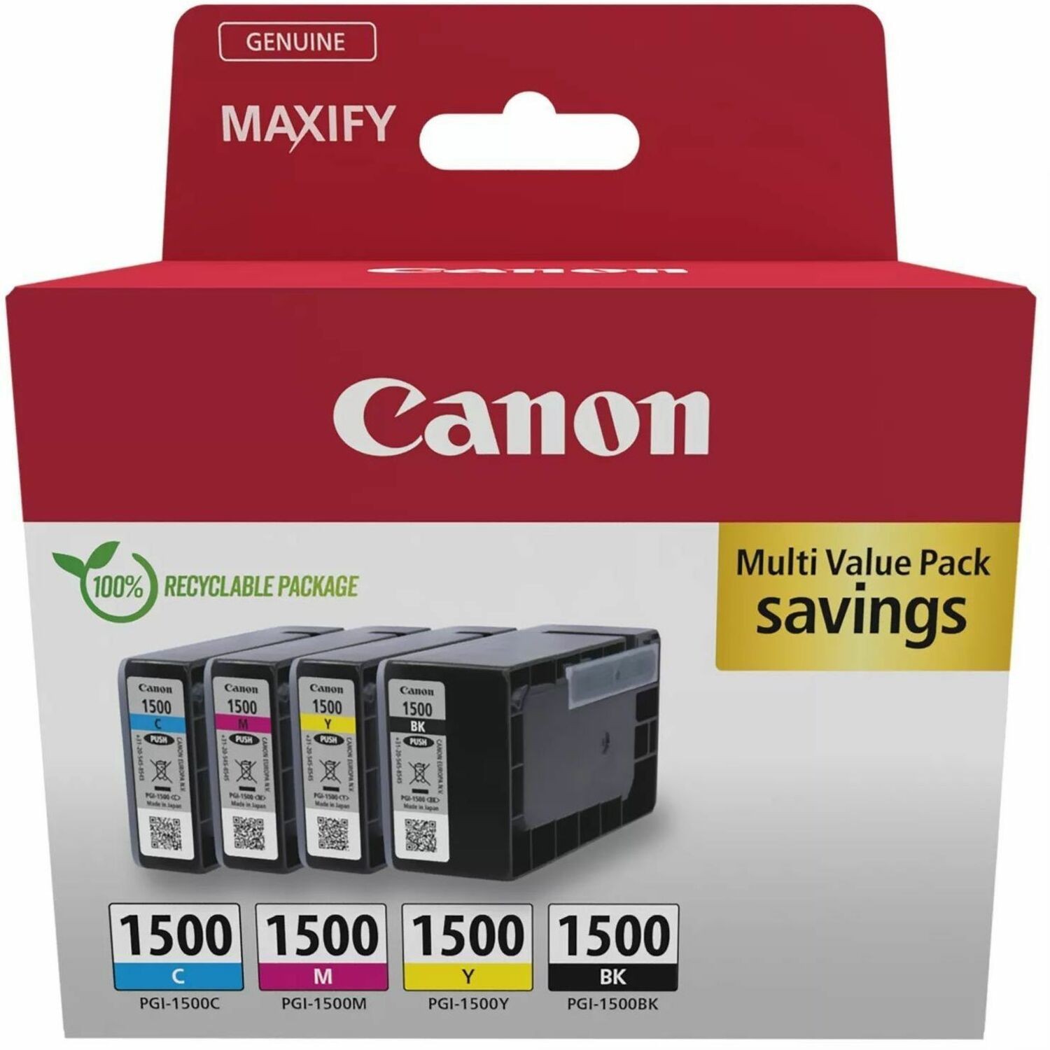 Canon PGI-1500 Original Inkjet Ink Cartridge - Multi-pack - Cyan, Magenta, Yellow - 4 Pack