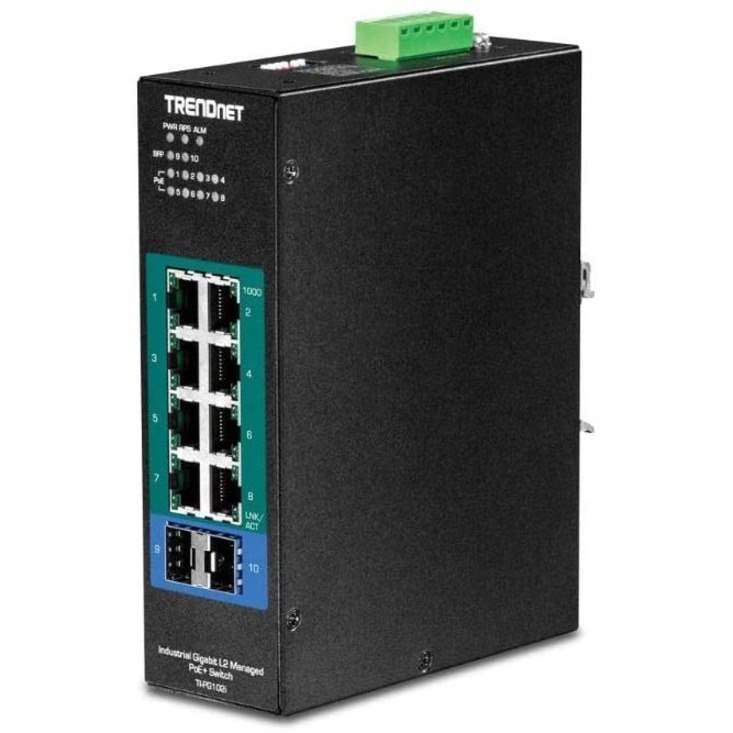 TRENDnet 10-Port Industrial Gigabit L2 Managed PoE+ DIN-Rail Switch, 8 x Gigabit PoE+ Ports, DIN-Rail Mount, 2 x SFP Slots, 2457V DC Power Input, IP30, VLAN, Lifetime Protection, Black, TI-PG102i