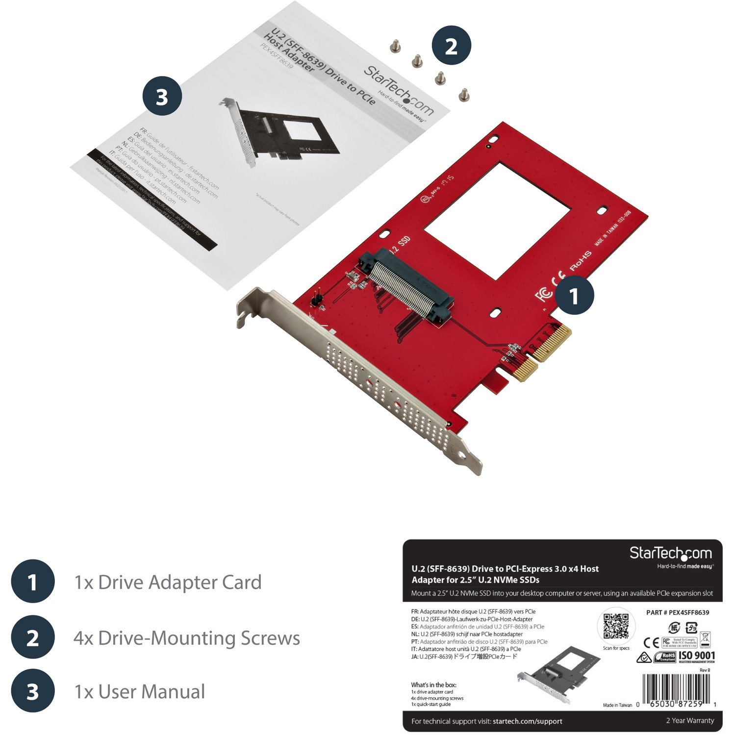 StarTech.com U.2 to PCIe Adapter for 2.5" U.2 NVMe SSD - SFF-8639 PCIe Adapter - x4 PCI Express 4.0 - NVMe PCIe Adapter - U.2 PCIe Card