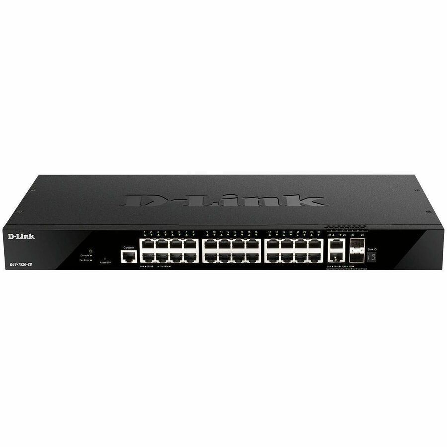 D-Link DGS-1520 DGS-1520-28 26 Poorten Beheer mogelijk Ethernetswitch - Gigabit Ethernet, 10Gigabit Ethernet - 10/100/1000Base-T, 10GBase-T, 10GBase-X, 100Base-FX, 100Base-TX - Zwart