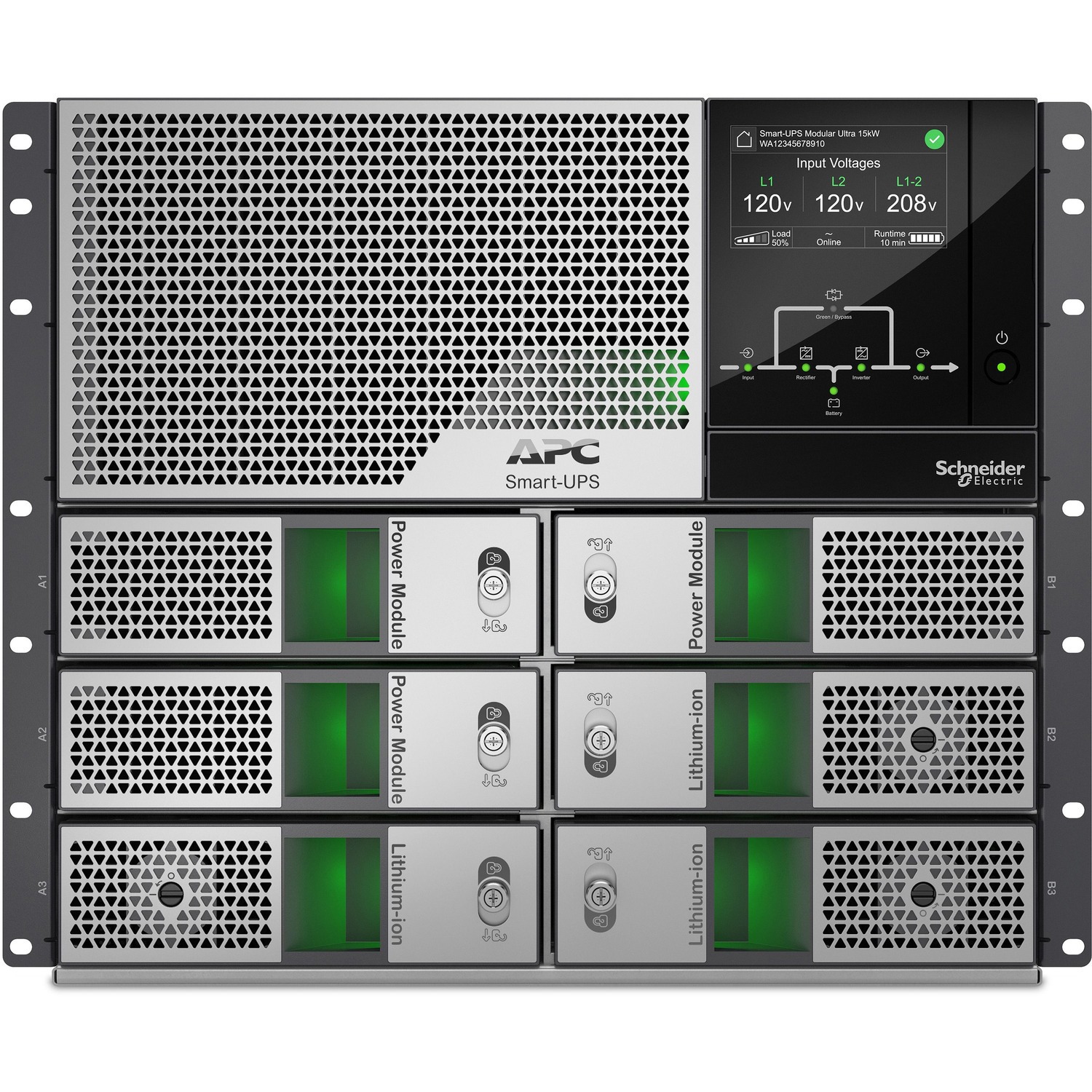 APC Smart-UPS Modular Ultra On-Line, 15kW, Lithium-ion, Rackmount 9U, 208/240V, Network Management, Extended runtime, W/rail kit