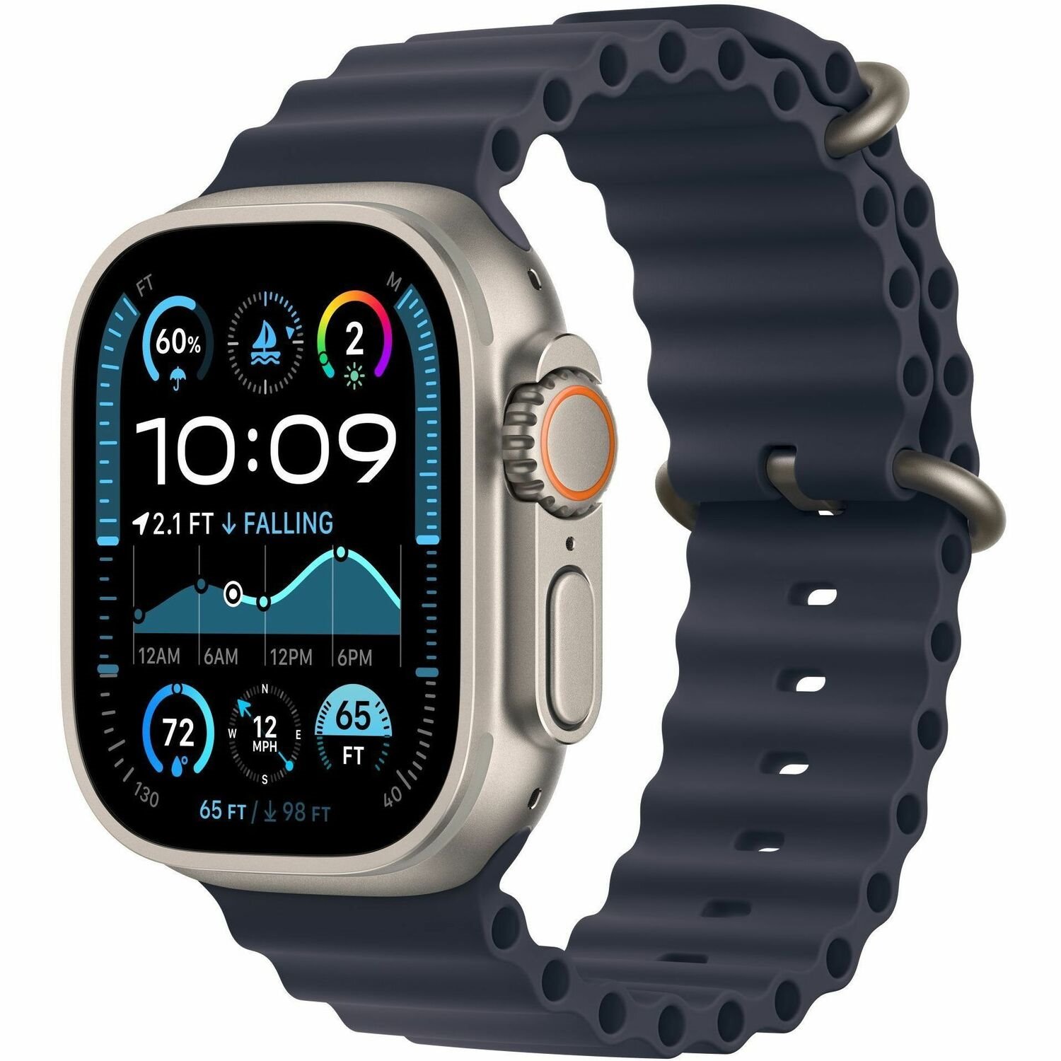 Apple Watch Ultra 2 Smart Watch - 49 mm Case Height - 44 mm Case Width - Natural Case Color - Navy Ocean Band Color - Glass Body Material - Titanium Case Material - Wireless LAN - LTE, UMTS
