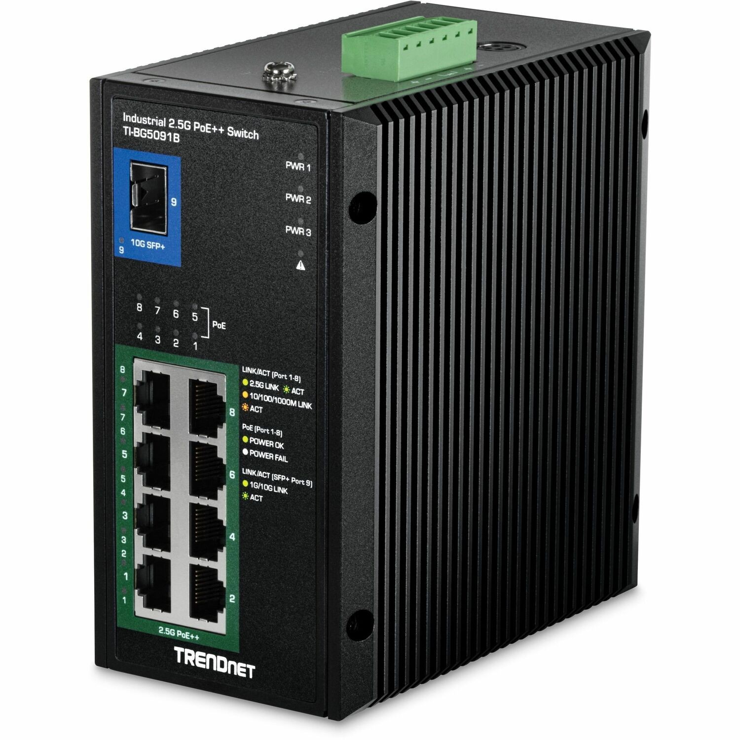 TRENDnet 9-Port Industrial 2.5G DIN-Rail PoE++ Switch with 10G SFP+ Port (24 - 57V)