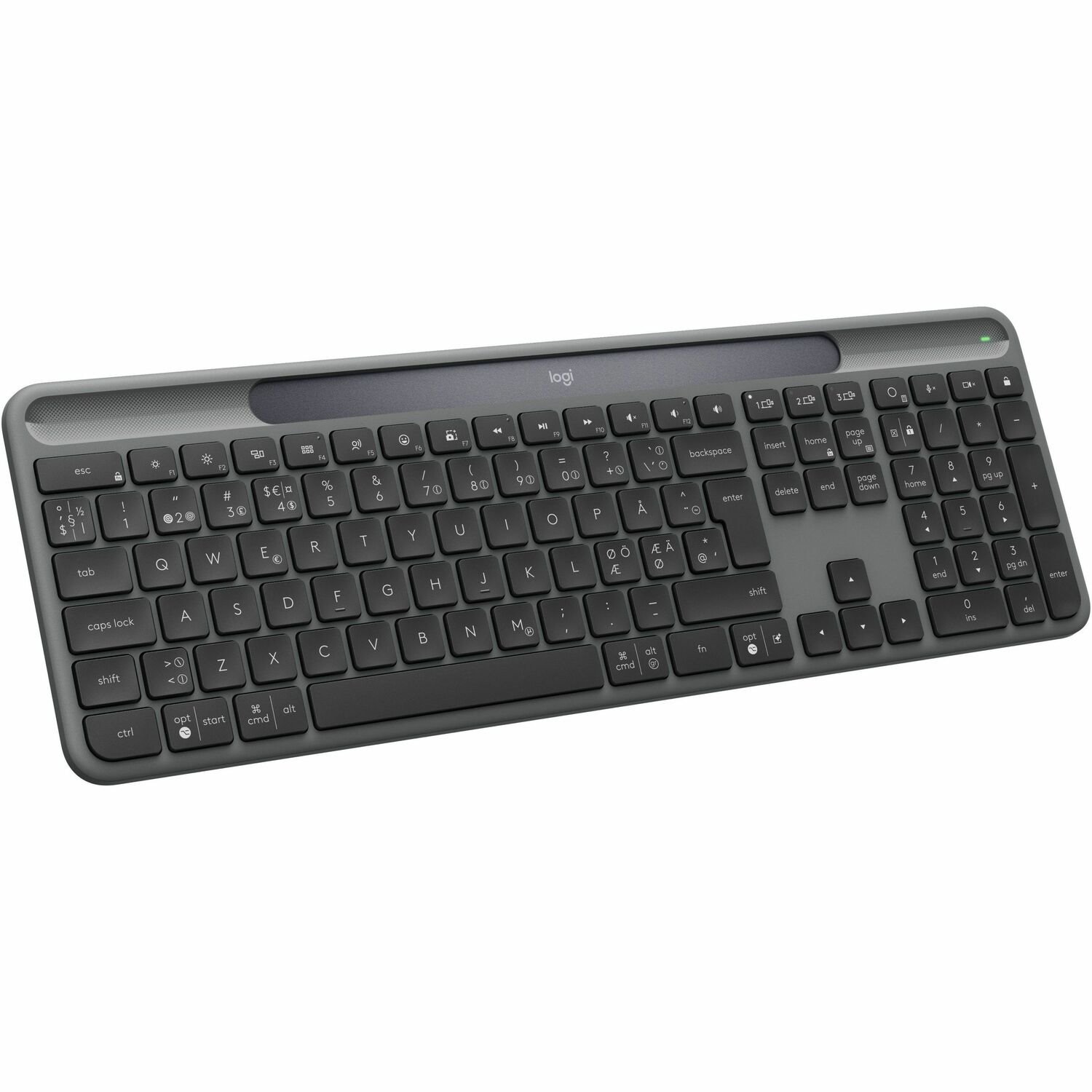 Logitech Signature Slim Solar+ K980 Tastatur - Full-size - Kabellos Konnektivität - USB Typ-A, USB-Typ C Schnittstelle - Dänisch, Norwegisch, Schwedisch, Finnisch - QWERTY Layout - Graphit