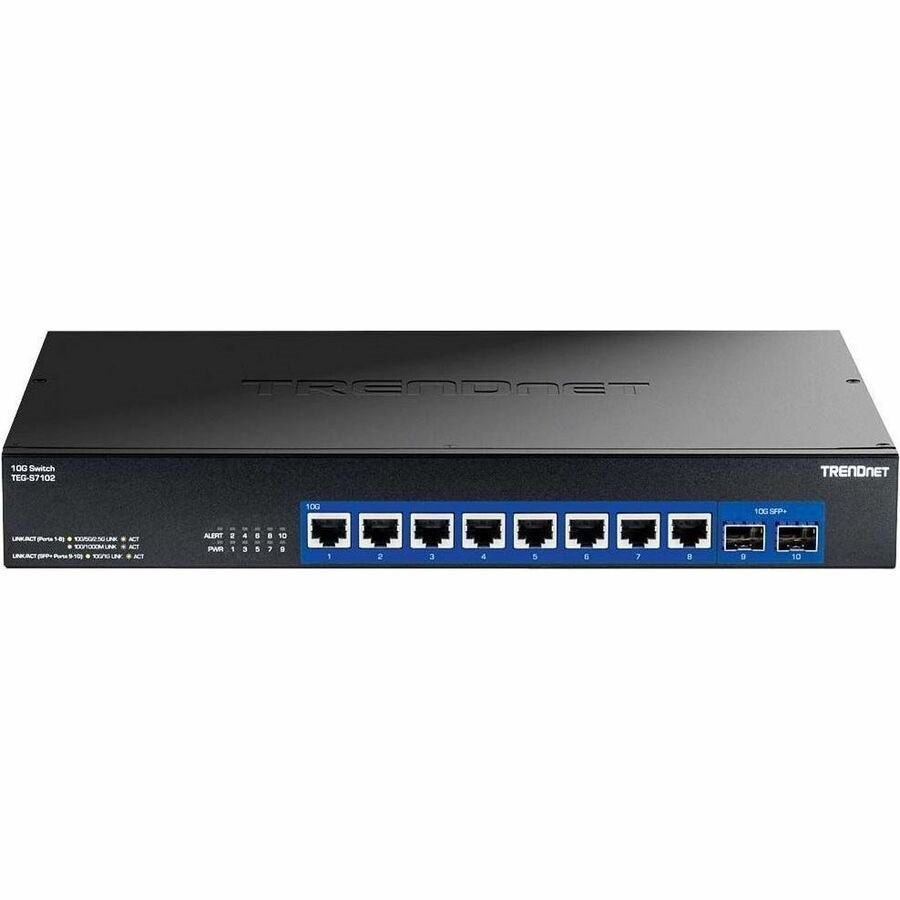 TRENDnet 10-Port 10G Unmanaged Switch, TEG-S7102, 8 x 10G  RJ-45 Ports, 2 x 10G SFP+ Ports, 200Gbps Switching Capacity,  Rackmount Design, Lifetime Protection, Black