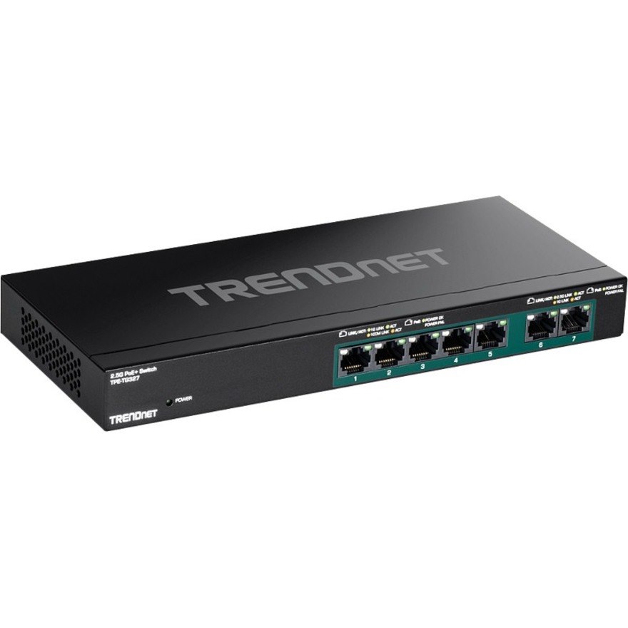 TRENDnet 7-Port Multi-Gig PoE+ Switch, 5 x 1G RJ-45 PoE+ BASE-T Ports, 2 x 2.5G RJ-45 PoE+ Ports, 20Gbps Switching Capacity, Wall Mountable, Network Ethernet Switch, Lifetime Protection, Black,TPE-TG327