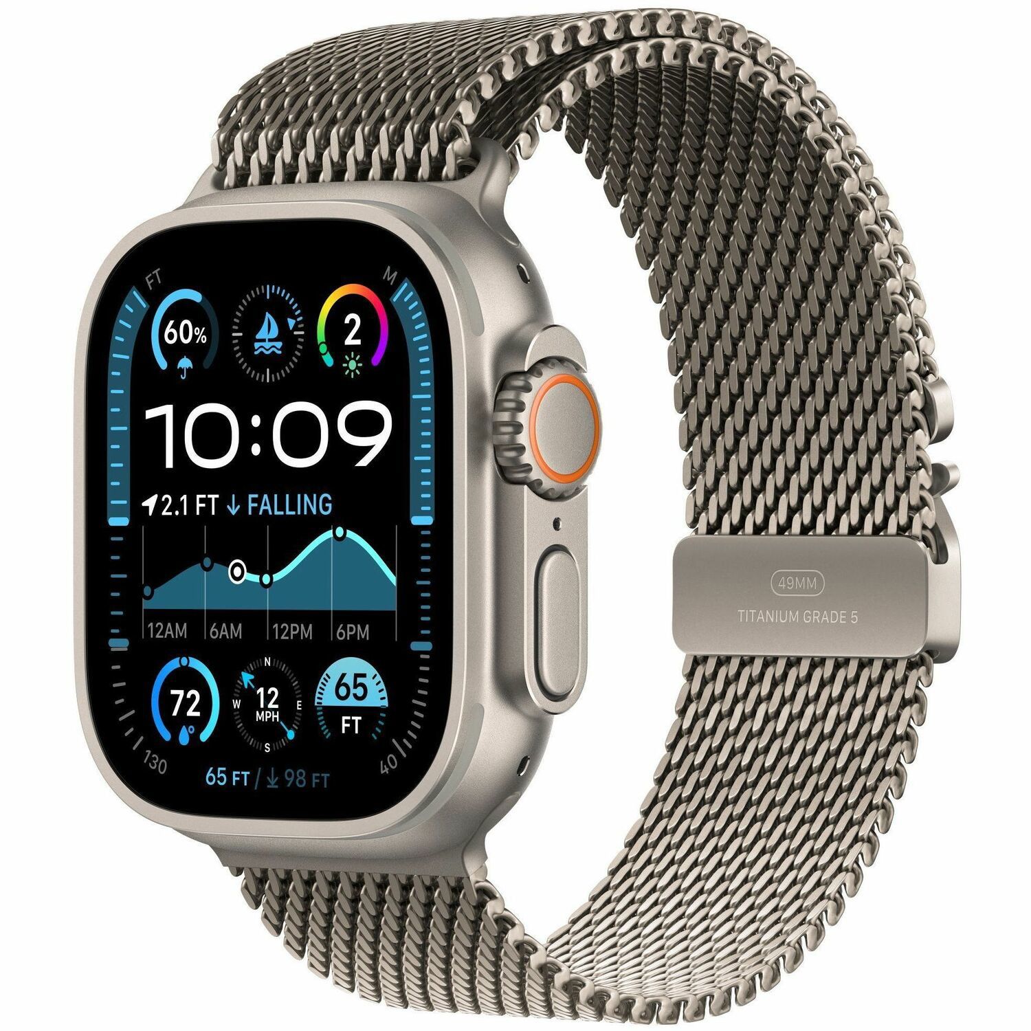 Apple Watch Ultra 2 Smart Watch - 49 mm Case Height - 44 mm Case Width - Natural Case Color - Natural Band Color - Glass Body Material - Titanium Case Material - Wireless LAN - LTE, UMTS