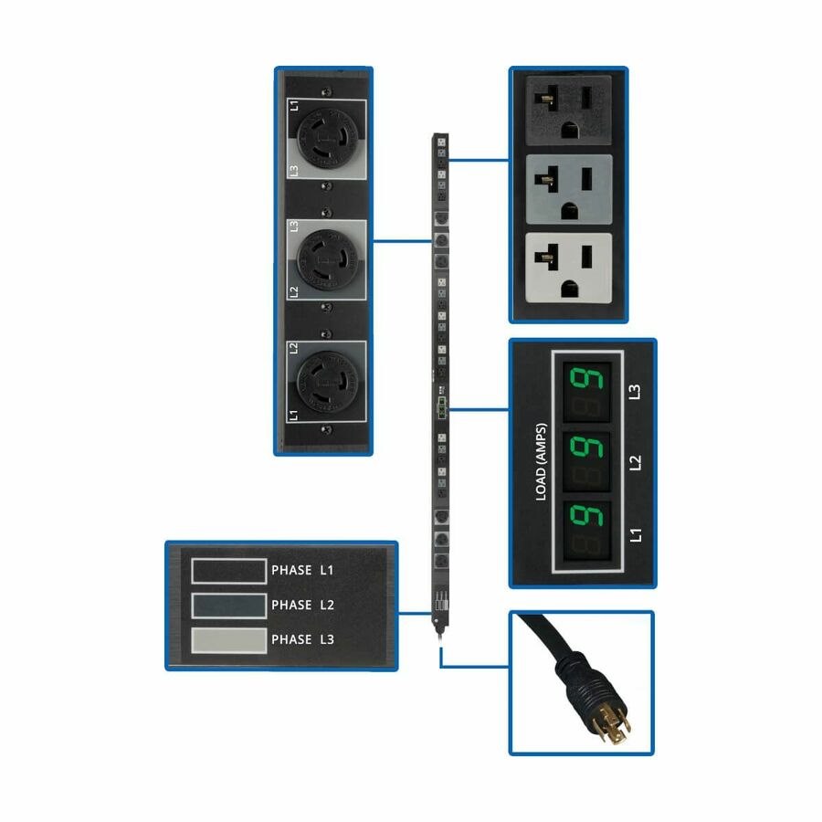 Eaton Tripp Lite Series 5.7kW 3-Phase Local Metered PDU, 208/120V Outlets (21 5-15/20R, 6 L6-20R), L21-20P, 6 ft. (1.83 m) Cord, 0U Vertical, TAA