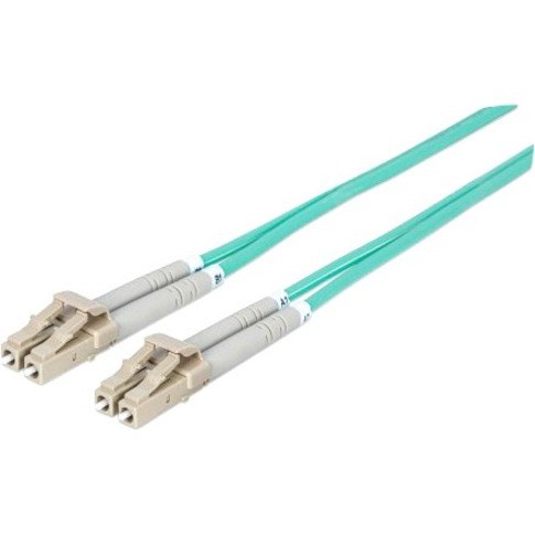 Intellinet Network Solutions Fiber Optic Patch Cable, LC/LC, OM3, 50/125, Multimode, Duplex, Aqua, 3 ft (1 m)