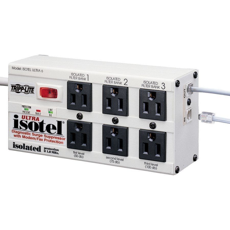 Eaton Tripp Lite Series Isobar 6-Outlet Surge Protector, 6 ft. Cord with Right-Angle Plug, 3300 Joules, Diagnostic LEDs, Tel/Fax/Modem, Metal