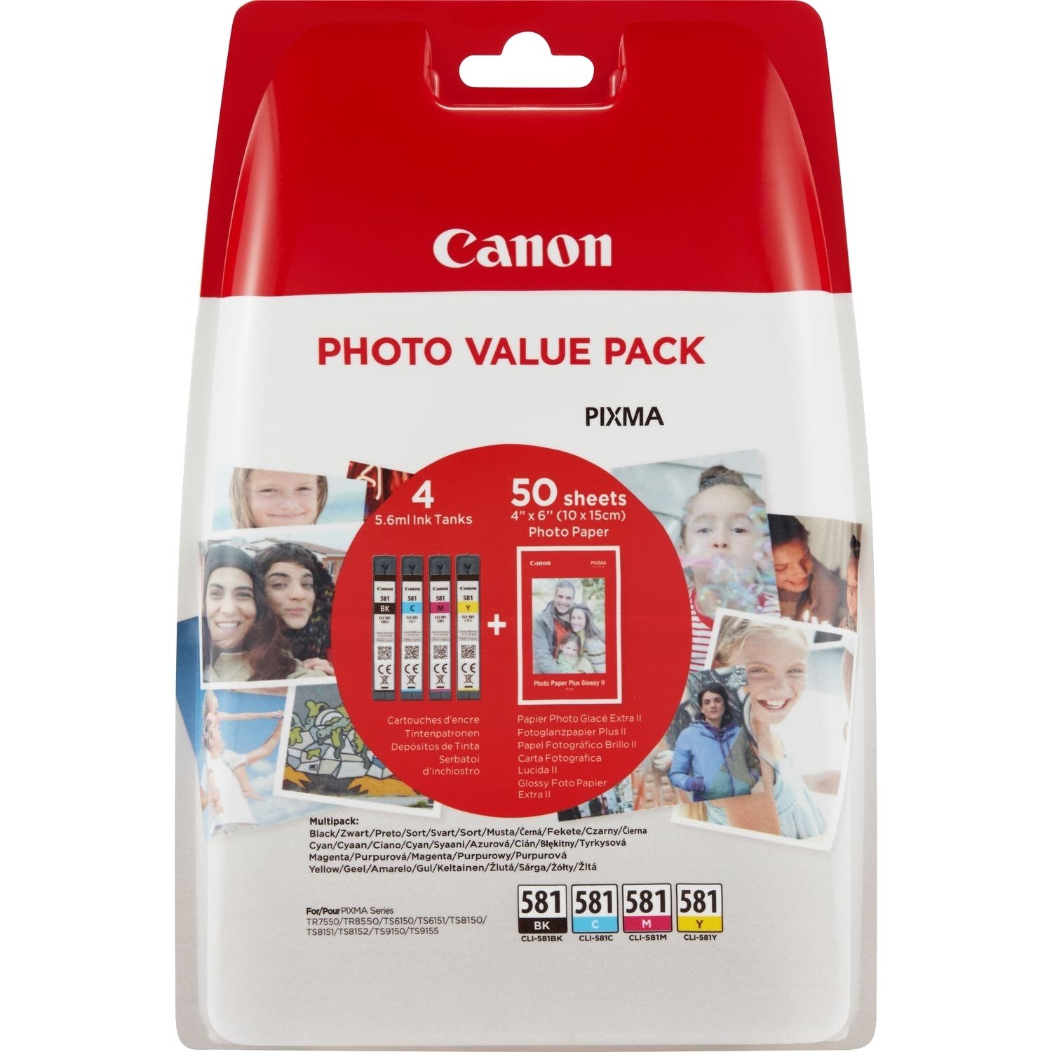 Canon CLI-581 Original Inkjet Ink Cartridge/Paper Kit - Value Pack - Black, Cyan, Magenta, Yellow Pack
