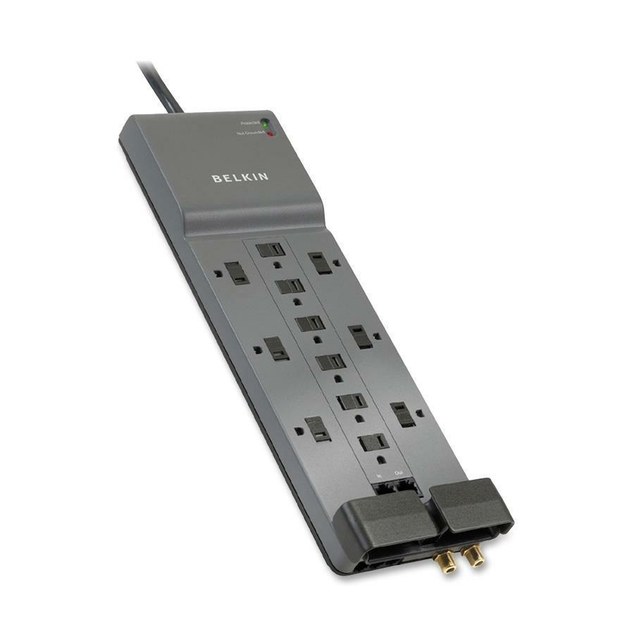 Belkin 12-Outlet Surge Protector - 8ft Cord - Right Angle Plug - 4120J - Telephone, Coaxial Protection - Grey