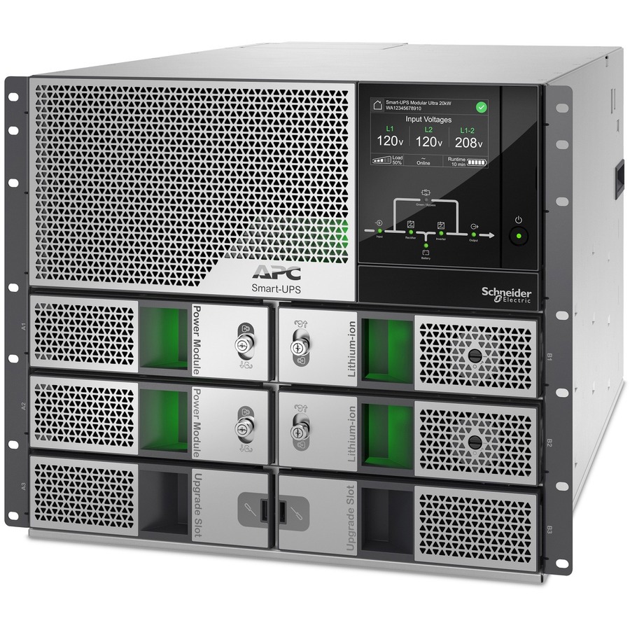APC Smart-UPS Modular Ultra, On-Line, 10kW scalable to 20kW N+1, Lithium-ion, Rackmount 9U, 208/240V, Network Management, Extended runtime, W/rail kit
