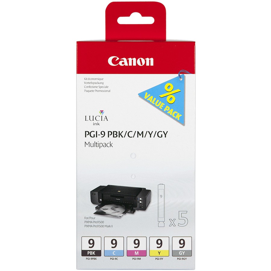 Canon LUCIA PGI-9 Original Inkjet Ink Cartridge - Photo Black, Cyan, Magenta, Yellow, Grey - 5 / Box