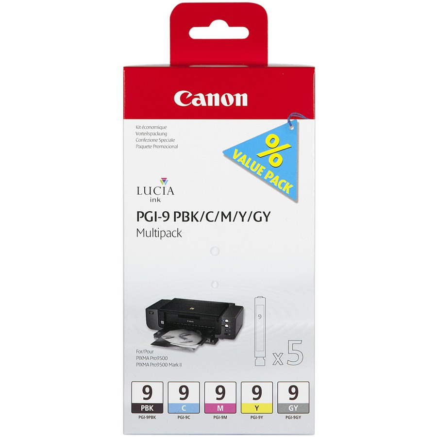 Canon LUCIA PGI-9 Original Inkjet Ink Cartridge - Photo Black, Cyan, Magenta, Yellow, Grey - 5 / Box